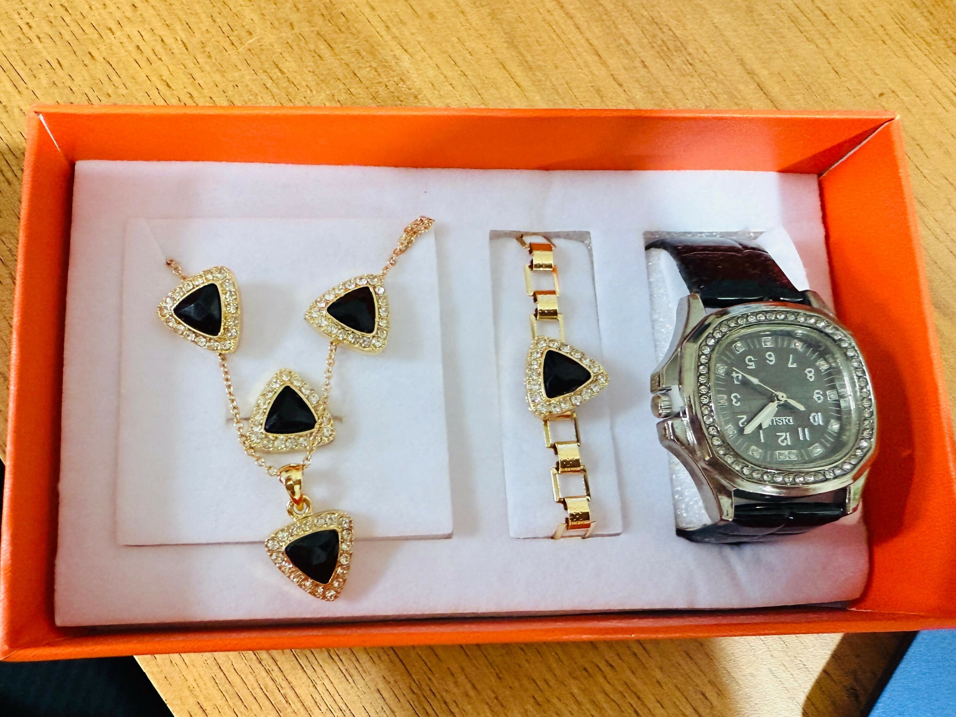 Luxury Women’s Gift Set with Designer Necklace, Bracelet, and Analog Watch in Elegant Box | Stylish Black & Gold Jewelry Combo for Birthdays, Anniversaries, and Festive Gifting