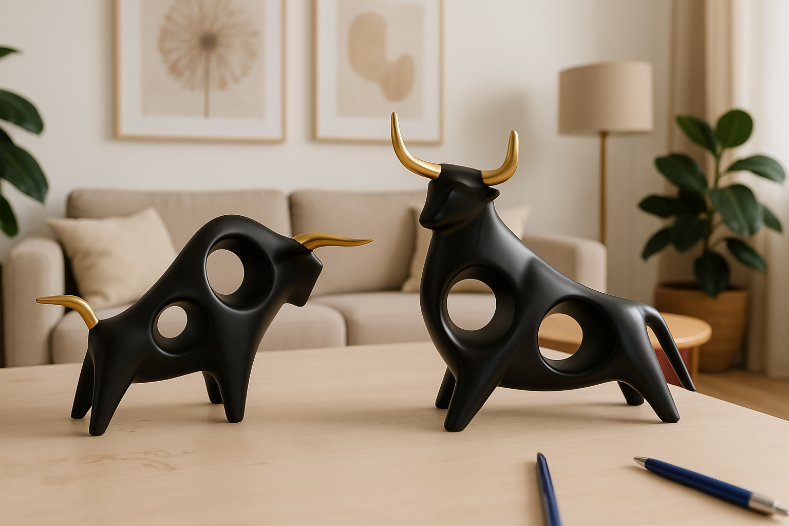 HOME DECOR Matte Black Bull Figurine Set with Golden Horns – Abstract Modern Decor (Set of 2)