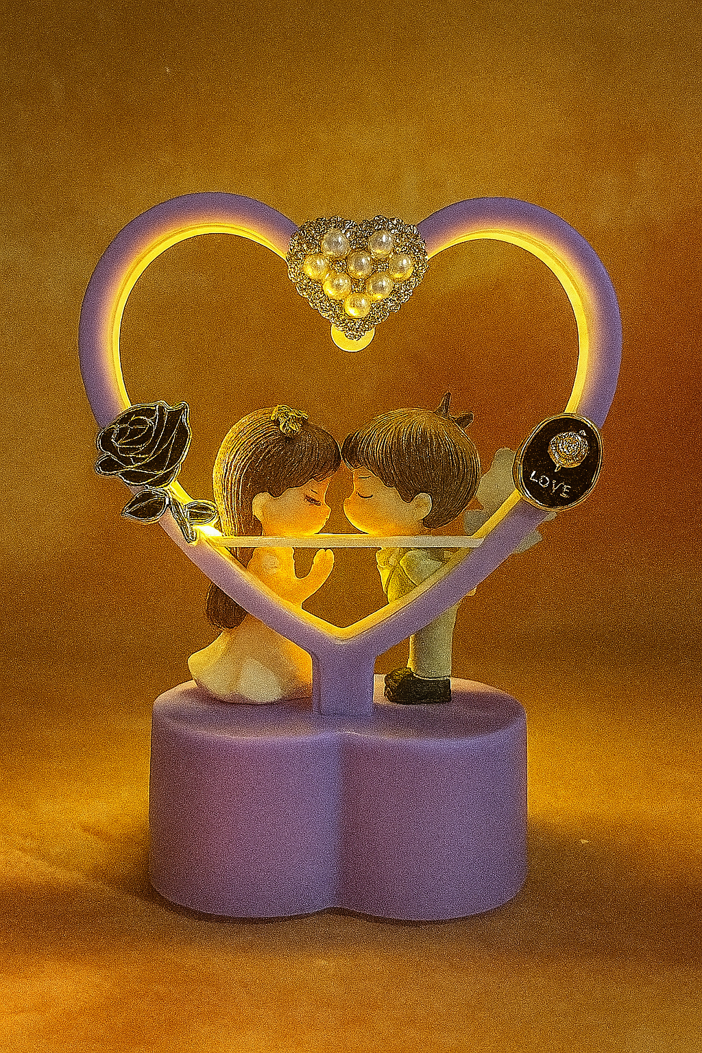 Romantic Lavender LED Couple Showpiece with Heart Frame & Pearl Charms | Battery Operated Love Figurine Night Lamp | Wedding Anniversary Valentine Gift Home Decor