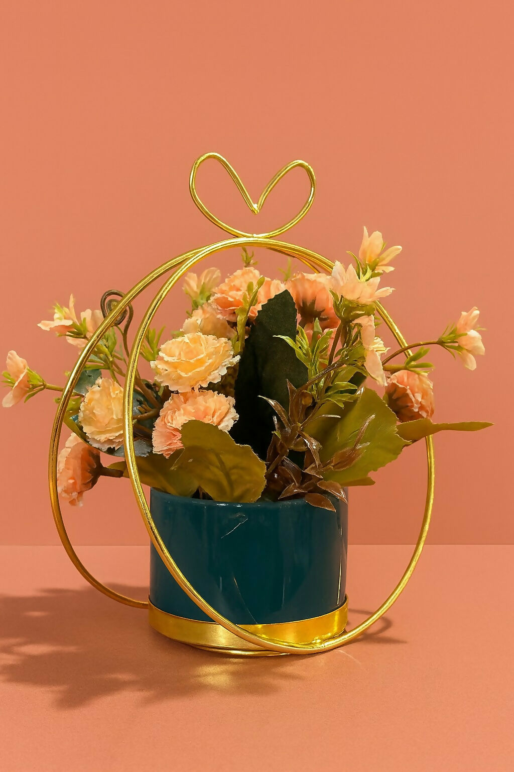 Artificial Flower Pot with Golden Metal Frame & Ceramic Planter | Decorative Faux Rose & Leaf Arrangement for Home, Office, Bedroom & Living Room Table Décor | Elegant Gift for Housewarming & Festivals