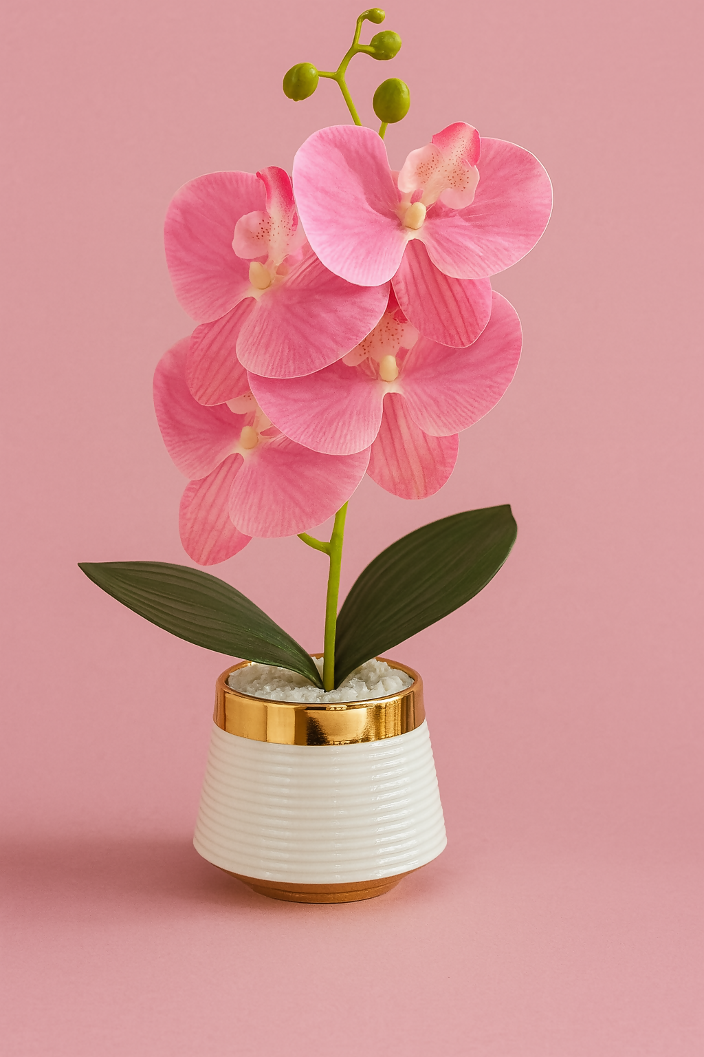 Luxury Artificial Pink Orchid Flower Plant with Ceramic Pot – Elegant Faux Orchid Decoration with White Pebbles for Home, Office, Living Room, Bedroom & Gift Use