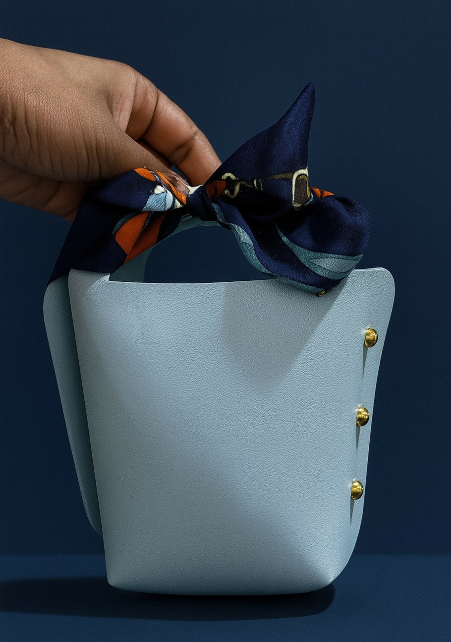 Elegant Light Blue PU Leather Mini Gift Pouch with Printed Navy Bow & Gold Rivets | Small Party Favor Bag, Jewelry/Candy Storage Box for Women & Girls
