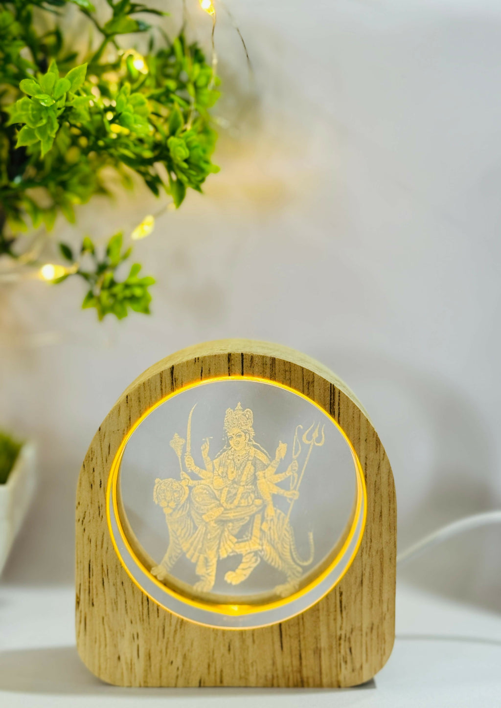 Wooden Frame LED Night Lamp with 3D Engraved Goddess Durga in Crystal Glass – USB Powered Table Light with Warm Yellow Glow | Spiritual Decorative Night Light for Home, Temple & Gifts (Handcrafted)