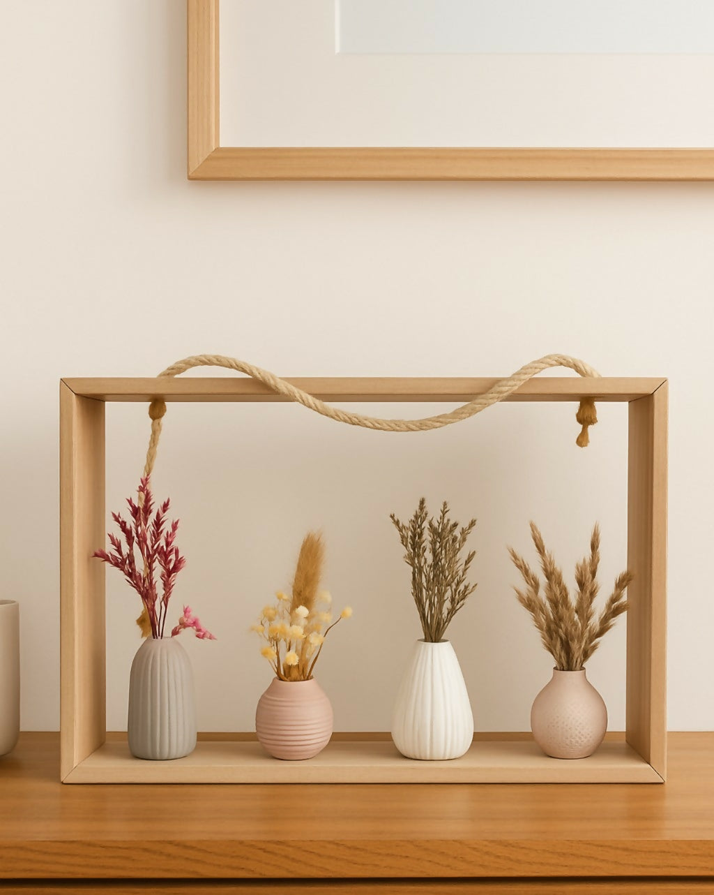 Rustic Wooden Frame Mini Vase Set with Dried Flowers – 4 Ceramic Vases in Pastel Colors for Home Décor, Table Centerpiece, Shelf Display & Gift Decoration