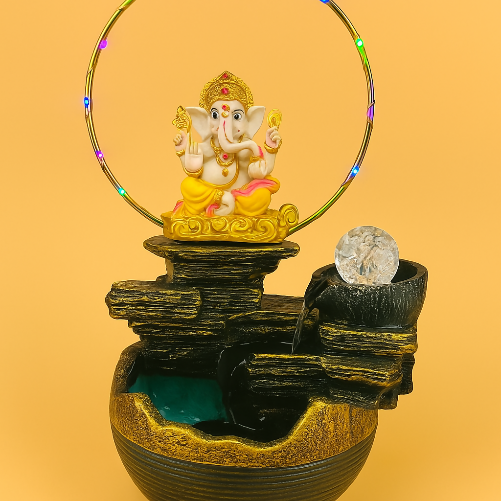 Ganesh Ji Indoor Water Fountain with LED Ring Light & Rotating Crystal Ball – Decorative Tabletop Fountain for Home Office Temple Vastu Gift – Electric Feng Shui Waterfall Showpiece (Multicolor