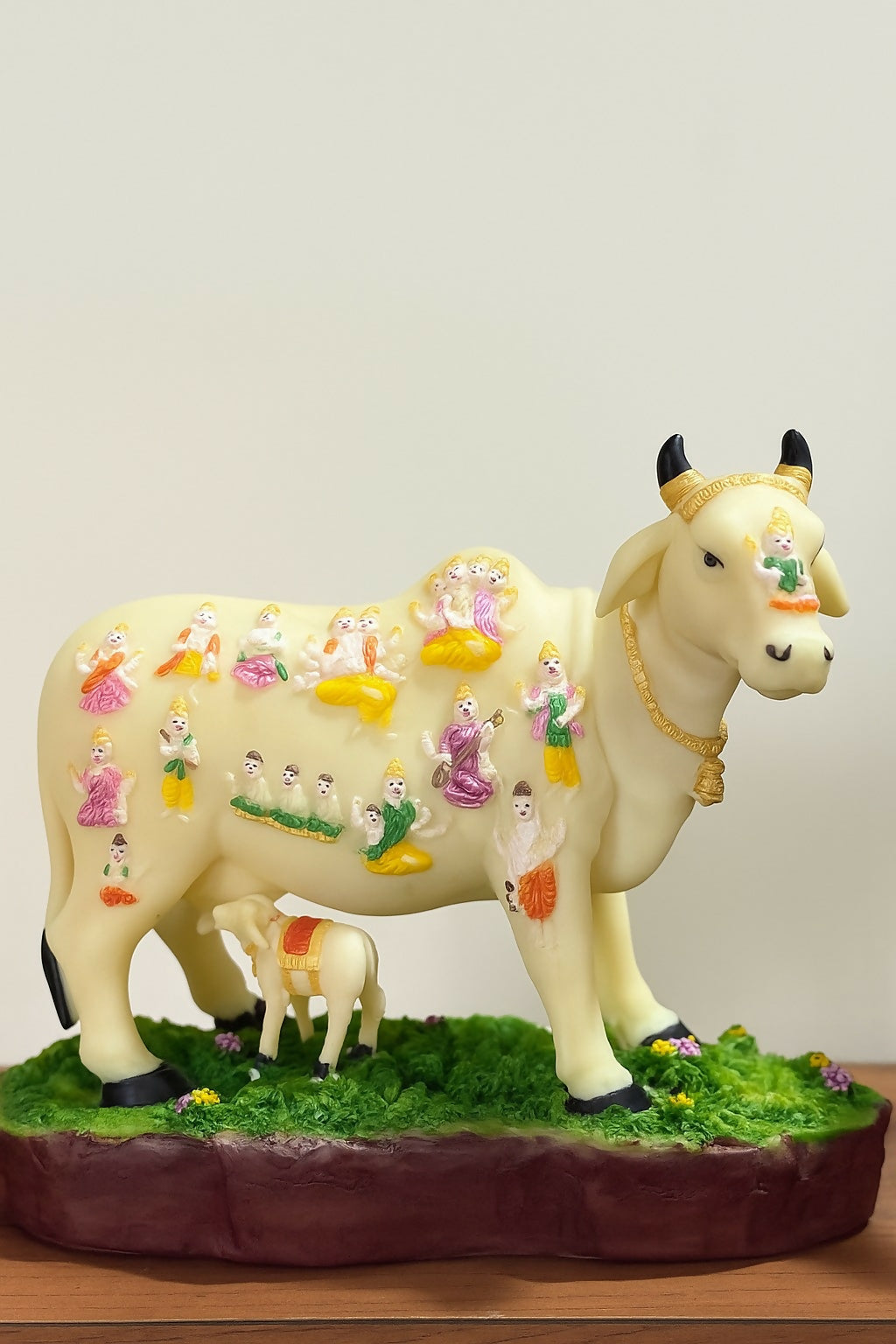 HOME DECOR Kamdhenu Cow and Calf Idol with Colorful Deities – Divine Resin Sculpture for Pooja Room, Mandir, and Home Temple Decor – Sacred Gau Mata Statue for Spiritual Gifting and Vastu Blessings