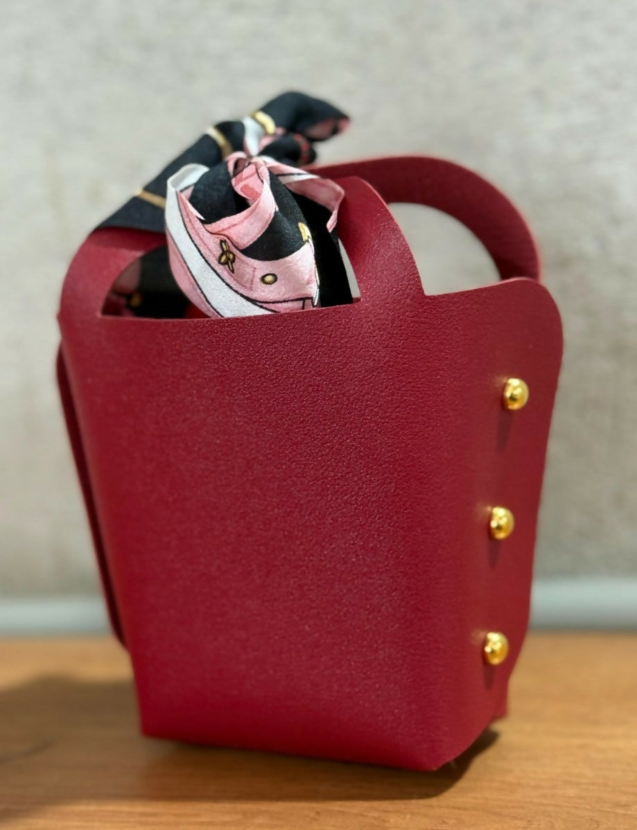 Premium Maroon PU Leather Mini Gift Pouch with Printed Satin Bow & Gold Rivets | Stylish Candy Bag, Jewelry Storage Box, Return Gift for Women & Girls