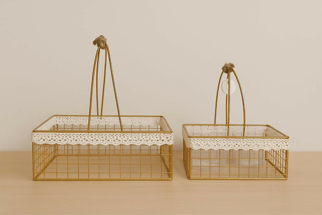 HOME DECOR Elegant Golden Metal Storage Basket Set of 2 with Lace Trim – Vintage Decorative Organizer Caddy for Kitchen, Bathroom, Vanity, Craft, Gift Hampers & Home Decor