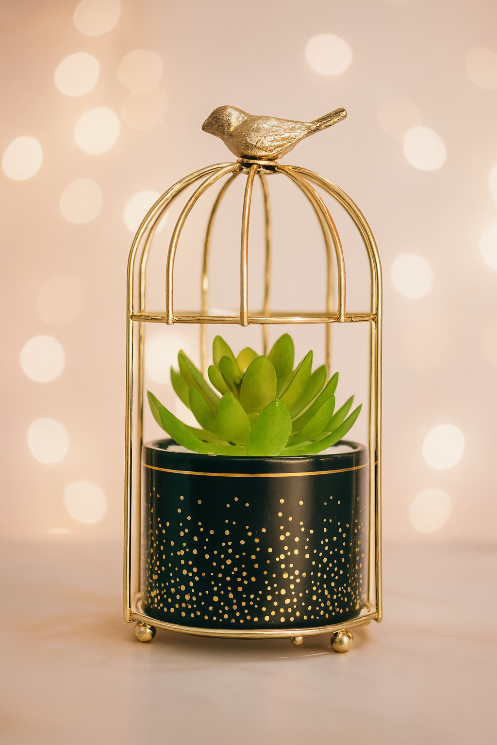 Luxury Black Ceramic Pot with Artificial Succulent in Gold Bird Cage Stand | Modern Home & Office Tabletop Decor | Decorative Planter Gift for Housewarming, Diwali, and Festivals
