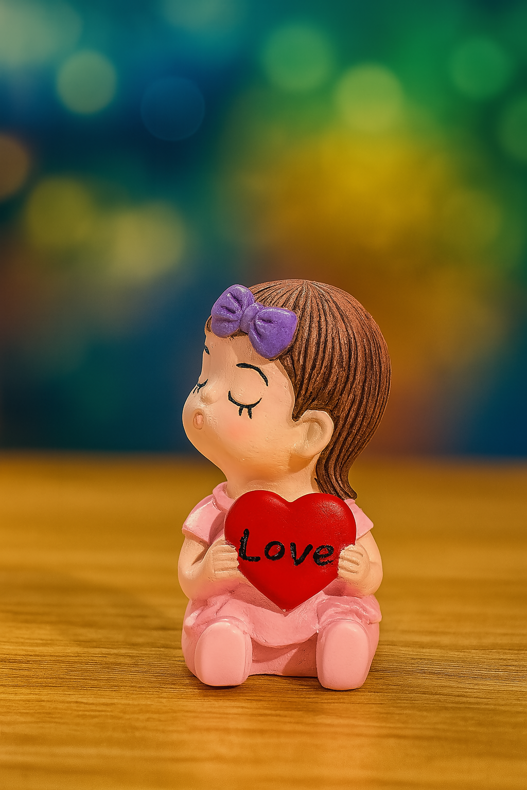 Romantic Kissing Couple Resin Showpiece – Boy & Girl Figurines Holding Heart with “Love” Text (Set of 2, Blue & Pink Dress)