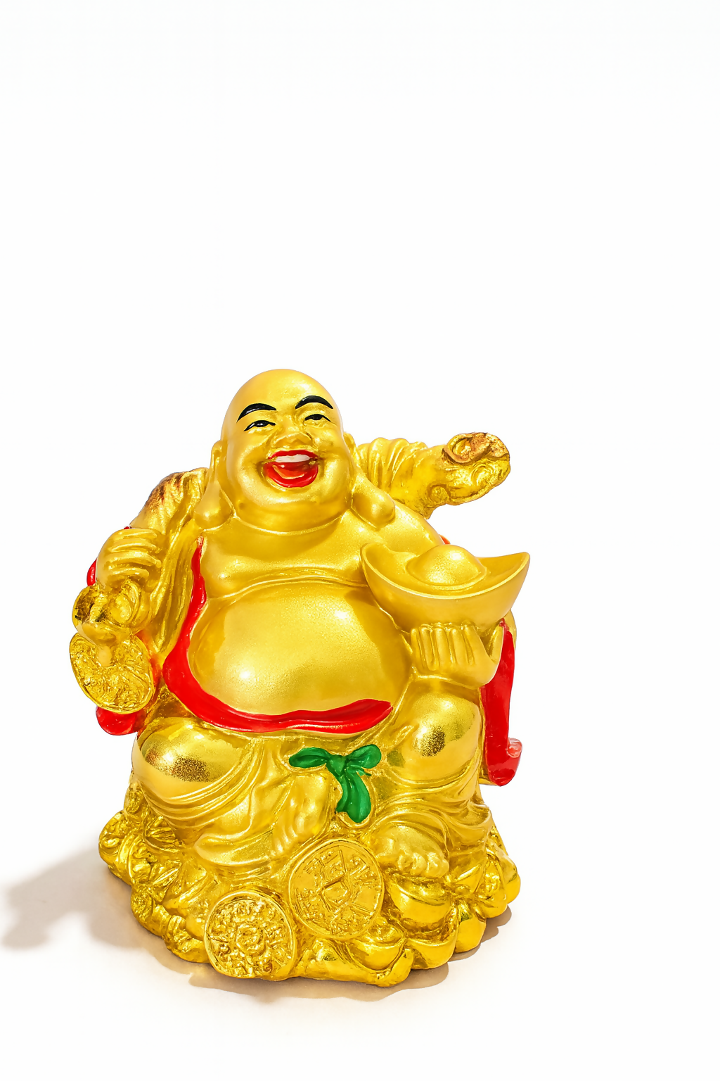Golden Laughing Buddha Feng Shui Showpiece with Ingot and Gold Sack | Wealth & Prosperity Idol for Home Décor, Office Desk & Gift Purpose | Premium Resin Finish