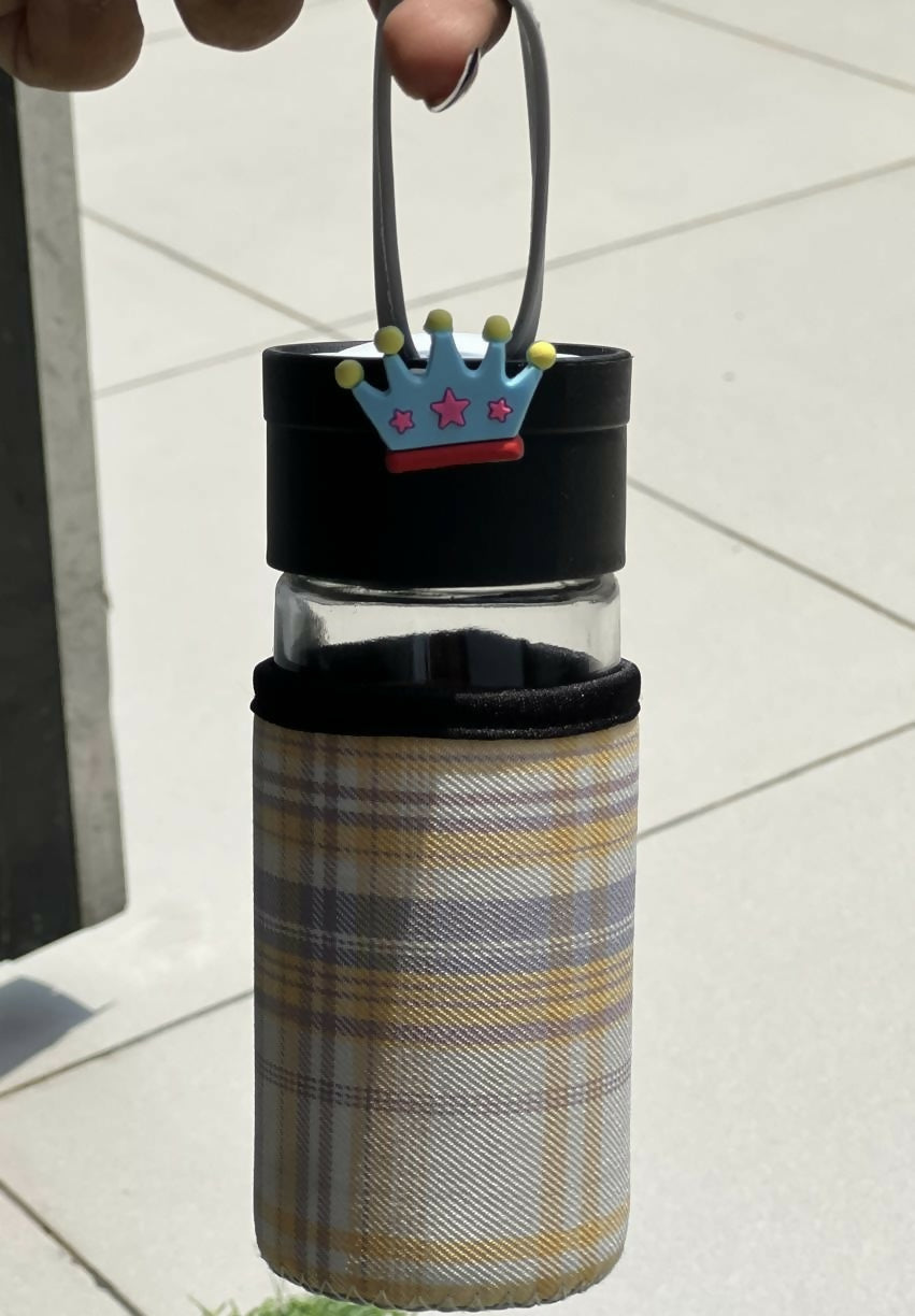 Glass Sipper Bottle with Cute Crown Cap and Stylish Soft Plaid Cover – Reusable, Eco-Safe Bottle for Daily Hydration at School, College, or Outdoors