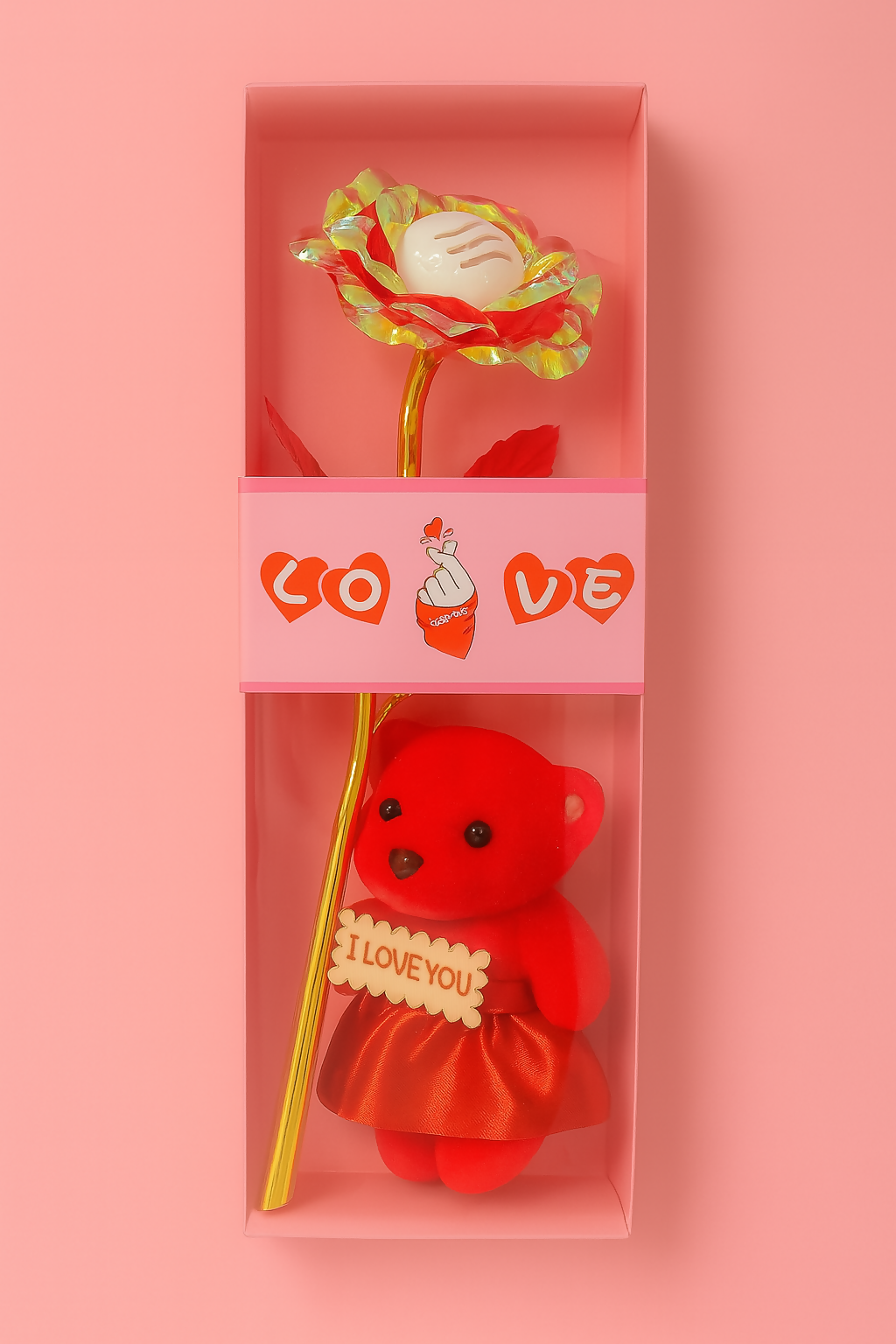 Luxury Artificial Rose with Cute Teddy in Skirt Gift Set – Pack of 6 | "I Love You" Romantic Valentine Gift Hamper | Decorative Forever Rose with Mini Plush Bear in Designer Pink Box for Anniversary, Birthday, Propose Day & Gifting