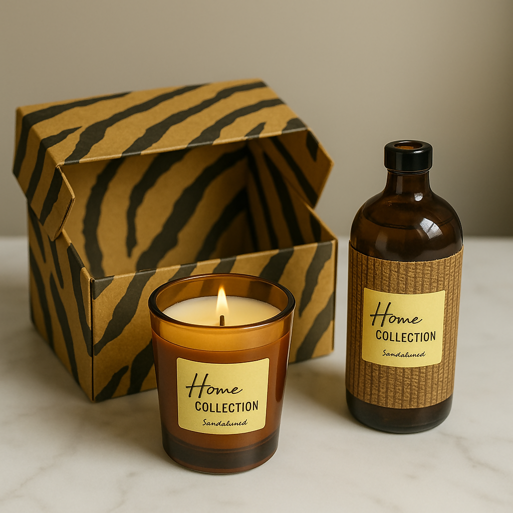"Luxury Home Collection Gift Set with Scented Candle and Reed Diffuser – Elegant Aromatherapy Kit for Relaxation & Decor – Brown Amber Jar & Fragrance Bottle in Designer Zebra Box – Ideal for Home, Office, Gifting"