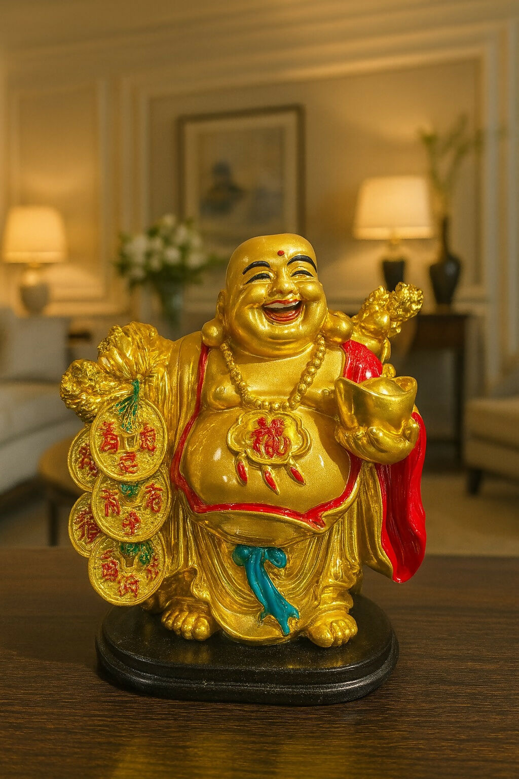 Golden Laughing Buddha Idol with Coins & Gold Ingot – Multicolor Feng Shui Resin Statue for Good Luck, Wealth & Prosperity – Decorative Smiling Buddha Showpiece for Home, Office & Shop Décor