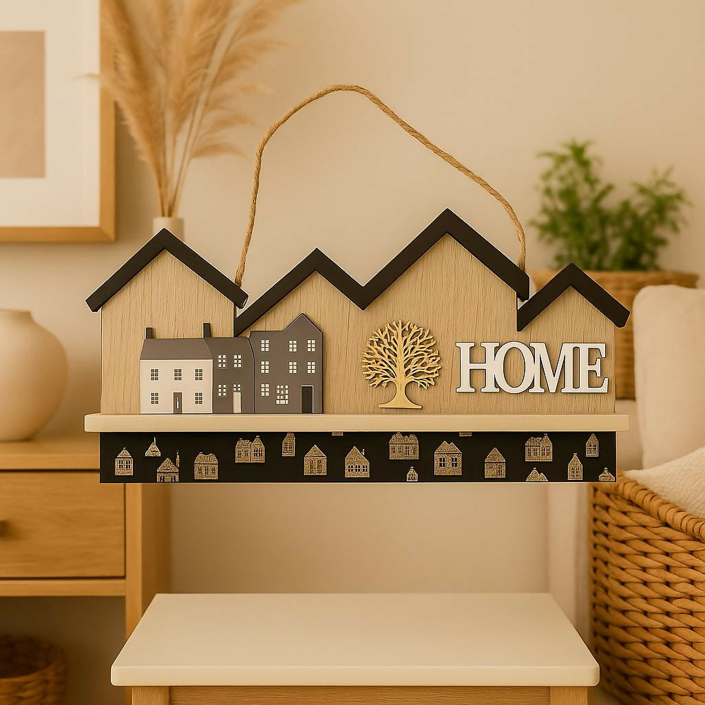 Wooden Home Wall Hanging keystand Decor with Miniature House Design and Rope Handle – Decorative Shelf Art with 3D Tree and 'HOME' Letters, Ideal for Living Room, Entryway, or Farmhouse Style Interiors