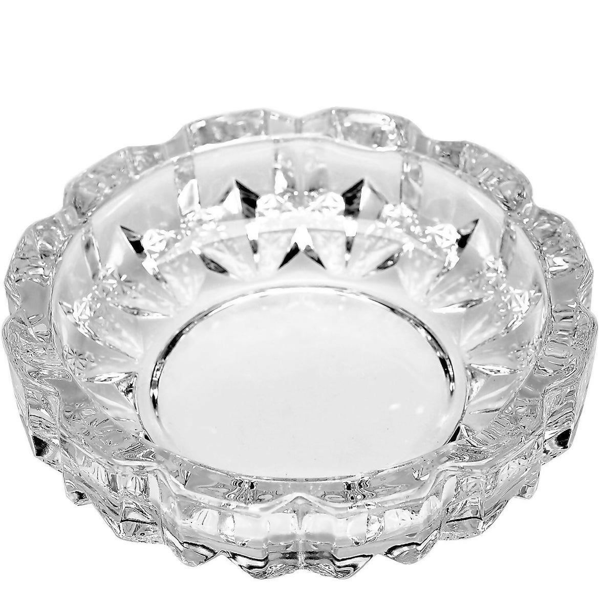 Luxury Diamond-Cut Crystal Glass Ashtray – Heavyweight Vintage-Style Round Design with Deep Ridges and Starburst Base for Elegant Smoking Lounge, Home, Bar, or Office Decor