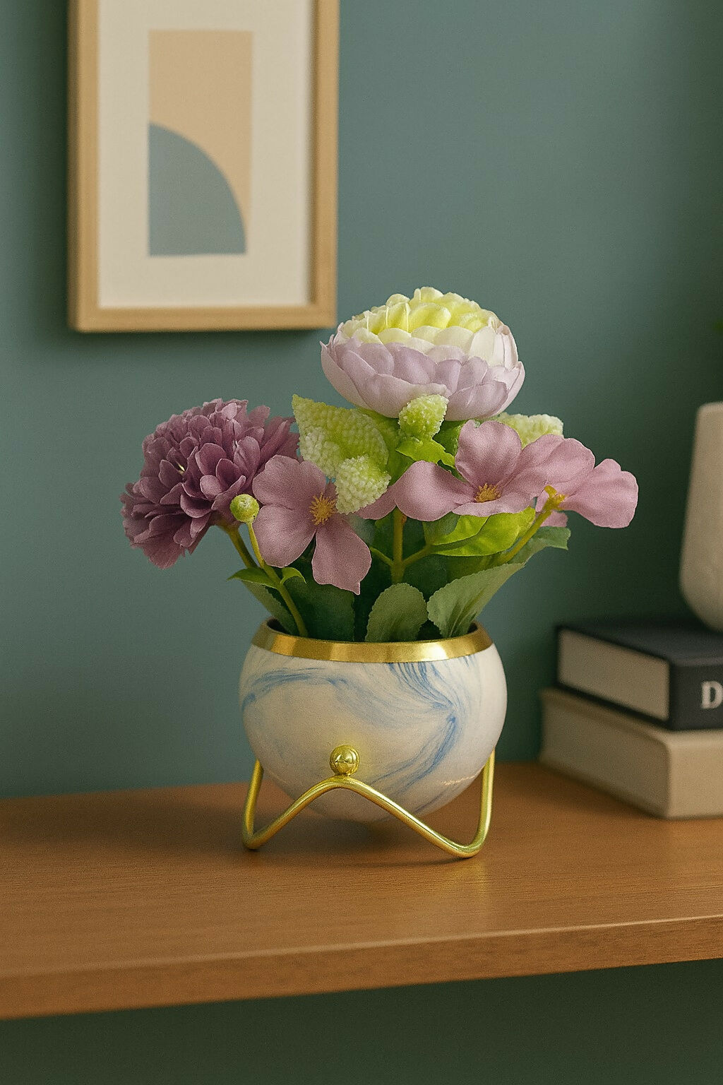 Luxury Artificial Mixed Flower Arrangement in Blue Marble Finish Ceramic Pot with Gold Rim – Elegant Home Décor Table Centerpiece with Metal Stand for Living Room, Office, and Gifting