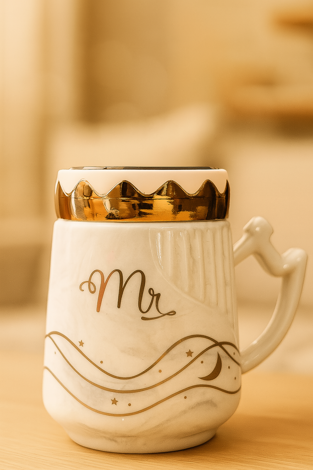 Luxury Ceramic "Mr." Mug with Crown Lid & Mirror | White Marble Finish with Gold Accents | Heart Handle Coffee/Tea Cup for Men – Gift for Husband, Fiancé, Boyfriend