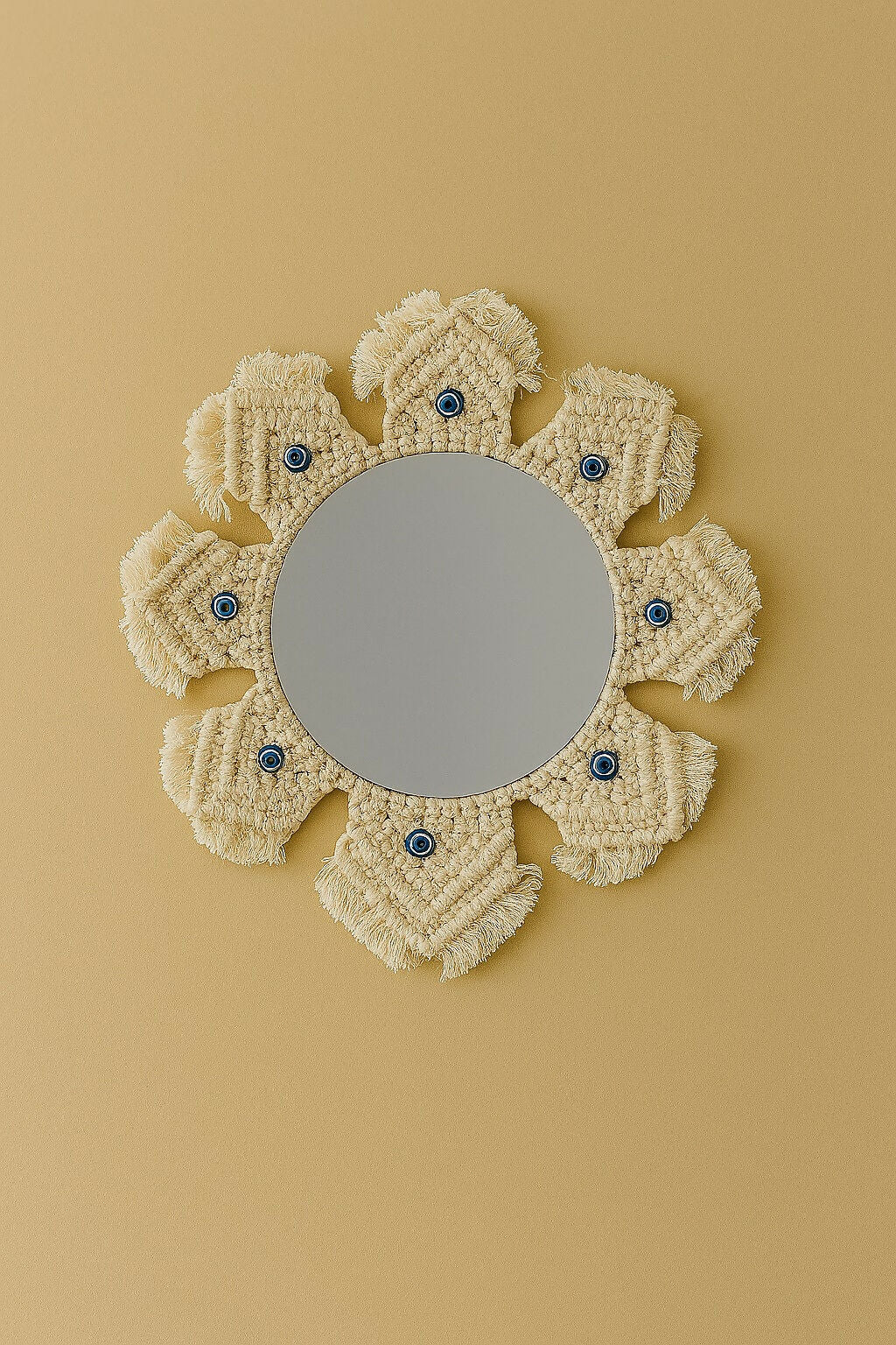 HOME DECOR Boho Macrame Wall Hanging Mirror with Evil Eye Accents – Handcrafted Cotton Rope Round Mirror for Home Decor, Living Room, Bedroom, Entryway – Wall Mounted Decorative Mirror