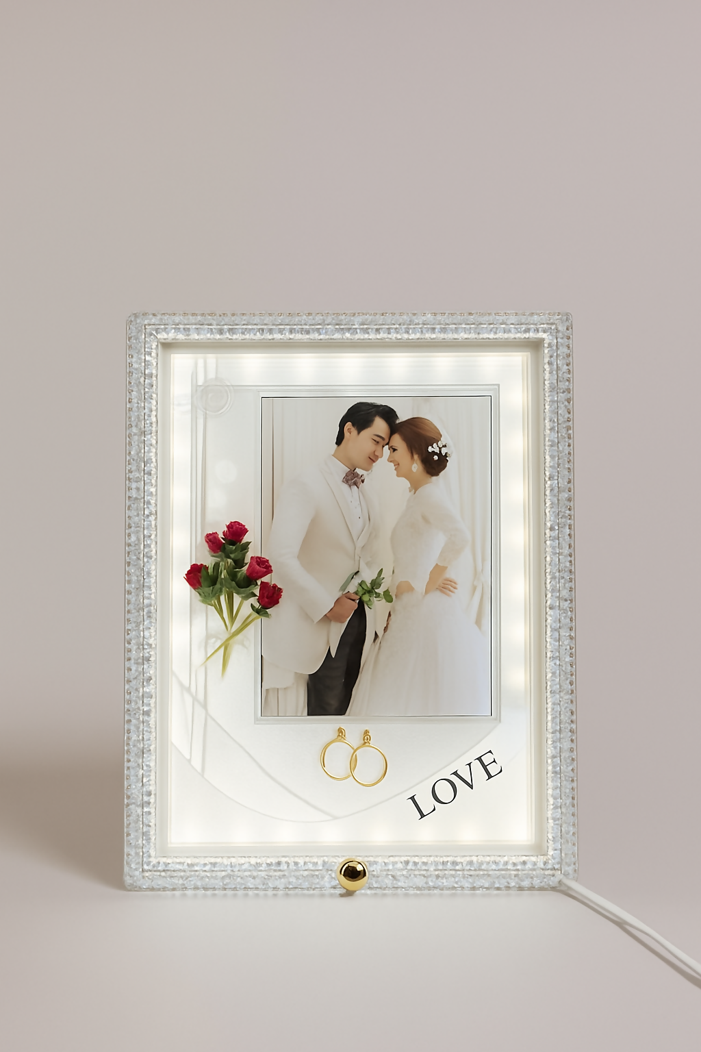 Crystal White LED Wedding Photo Frame | Elegant Square Illuminated Picture Frame with Decorative Floral Design & Rings | 4x6 Inch Couple Photo Frame | Romantic Gift for Wedding, Anniversary, Valentine’s Day & Home Décor