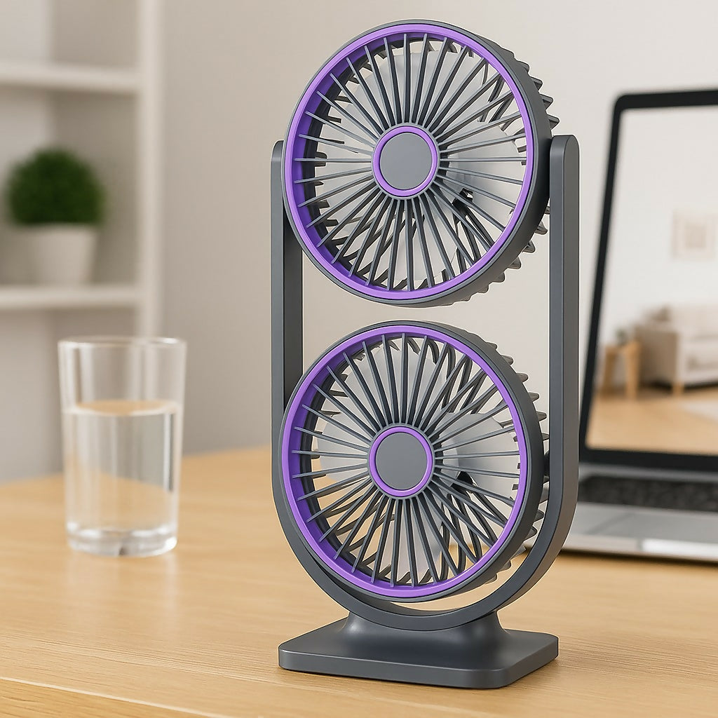 Double Head Circulating Desk Fan – Dual Blade USB Rechargeable Table Fan with Quiet Operation & Modern Gray-Purple Design – Powerful Cooling Airflow for Home Office, Study Table, or Bedroom Use
