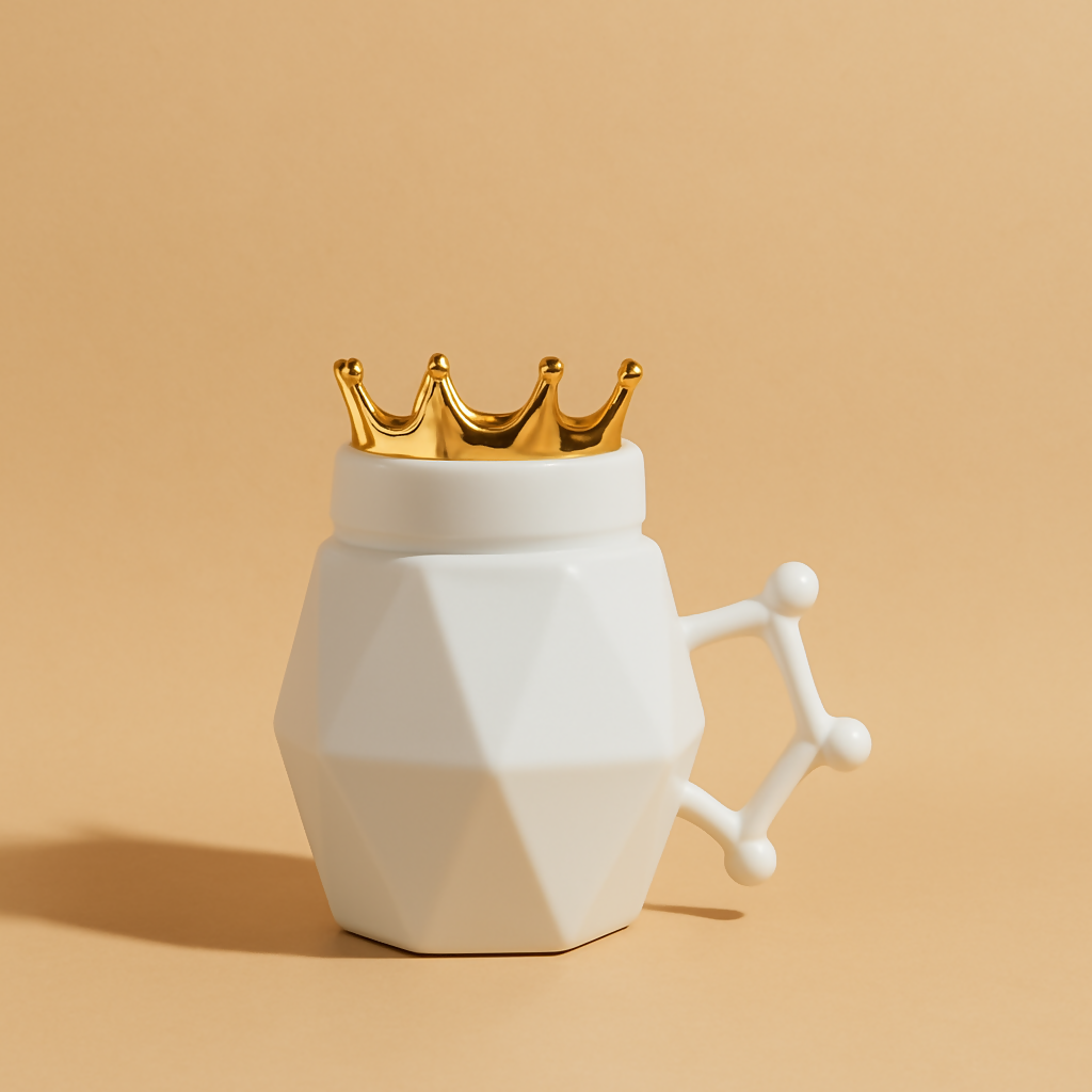 Luxury Queen Ceramic Mug with 3D Gold Crown Lid and Unique Handle – White Geometric Diamond-Style Coffee Mug – Gift for Women, Wife, Mom, or Girlfriend – Royal Tea Cup