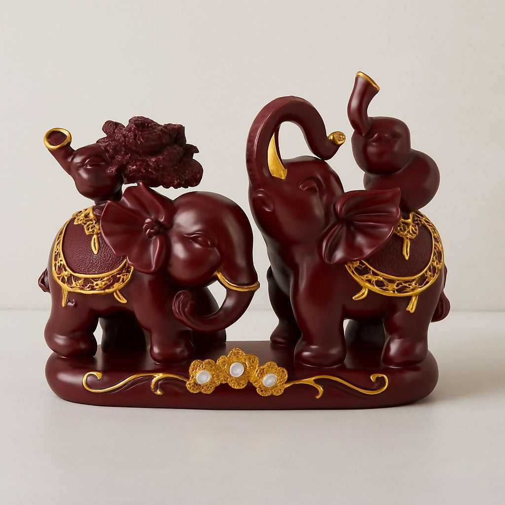 HOME DECOR Royal Resin Elephant Family Showpiece with Rose Flower and Baby Elephant – Decorative Tabletop Statue for Home, Living Room, and Gift Purposes