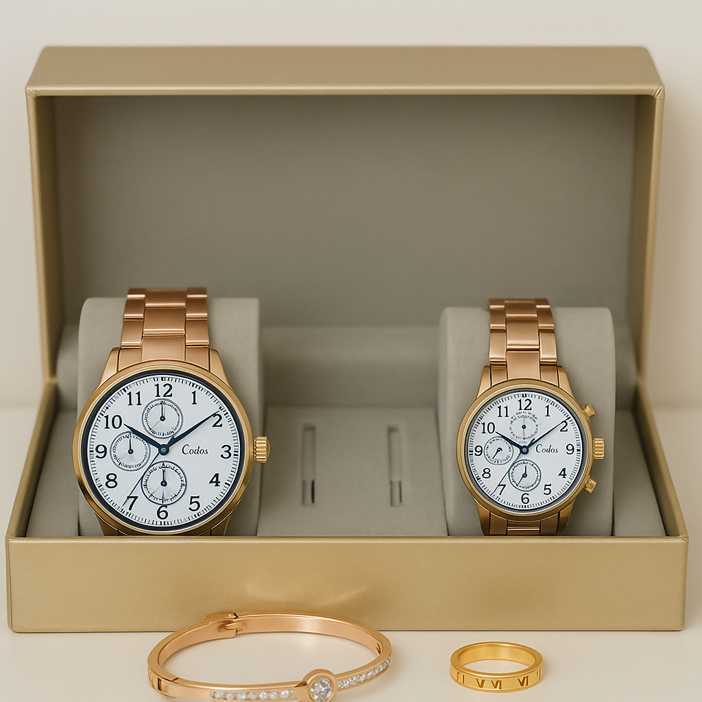 Luxury Gold-Plated Couple Watch Gift Set – His & Hers Matching Chronograph Watches with Elegant Bracelet & Love Engraved Ring in Premium Display Box – Ideal for Anniversary, Wedding, or Valentine's Day Gift