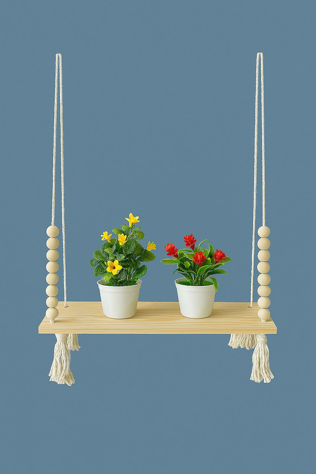 Product Title (Long Name): Handcrafted Hanging Wooden Shelf with Rope and Beads – Macrame-Inspired Indoor Plant Holder with 2 Artificial Bonsai Plants – Rustic Boho Wall Décor for Home, Balcony, Living Room