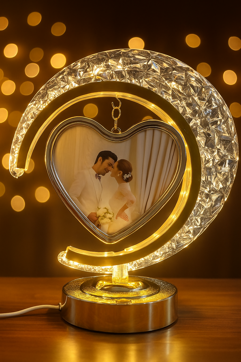 Crescent Moon LED Table Lamp with Hanging Heart-Shaped Rotating Photo Frame – Crystal-Textured Decorative Light for Bedroom or Living Room – Personalized Gift for Couples, Wedding, Anniversary & Valentine’s Day