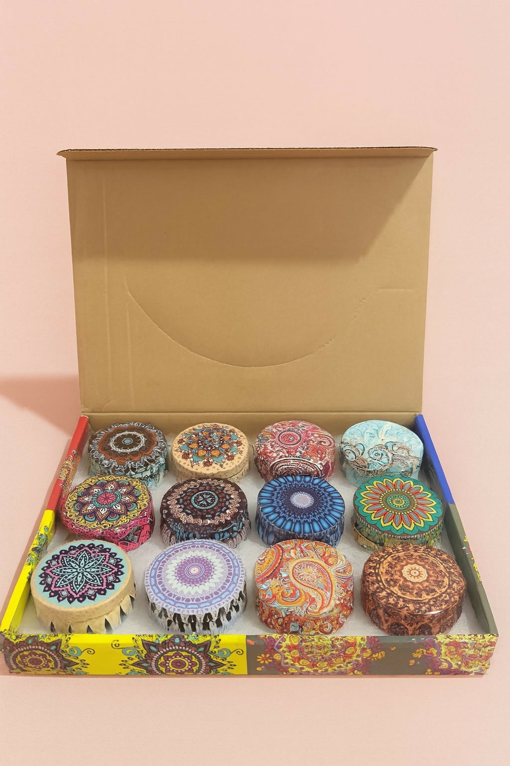 Set of 12 Scented Tin Candles with Decorative Mandala Design – Portable Travel Aromatherapy Candle Gift Set – Reusable Metal Containers for Gifting, Diwali, Weddings & Festive Décor