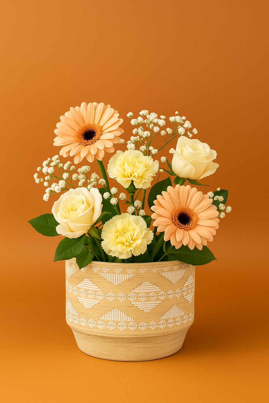 Handcrafted Beige Ceramic Planter Pot with White Tribal Pattern – Decorative Indoor Pot for Home, Office, or Tabletop Display – Boho Style Flower Pot