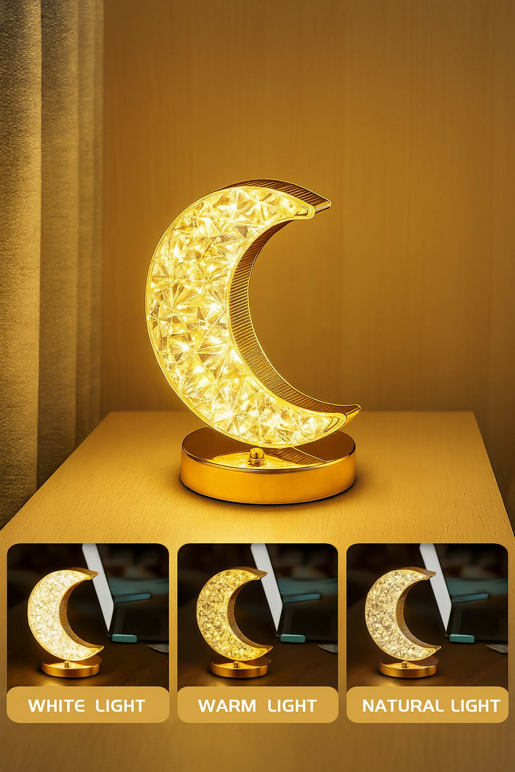Golden Crystal LED Moon Lamp – 3 Color Modes (White, Warm & Natural Light) – Elegant Crescent Night Light for Bedroom, Table Decor, or Gift – USB Rechargeable Touch Control Moonlight Lamp
