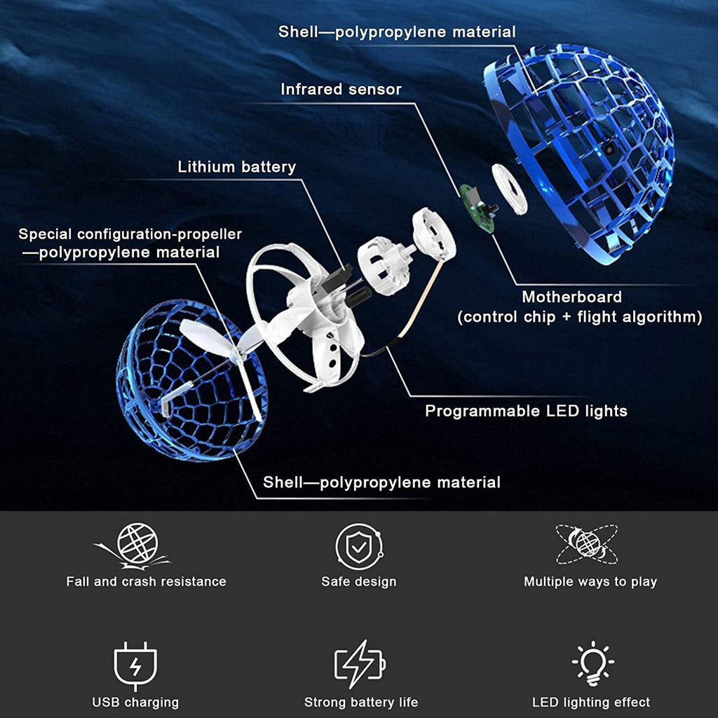 Flying Ball Toys, USB Rechargeable Built-in RGB Lights 360°Rotating Magic Controller