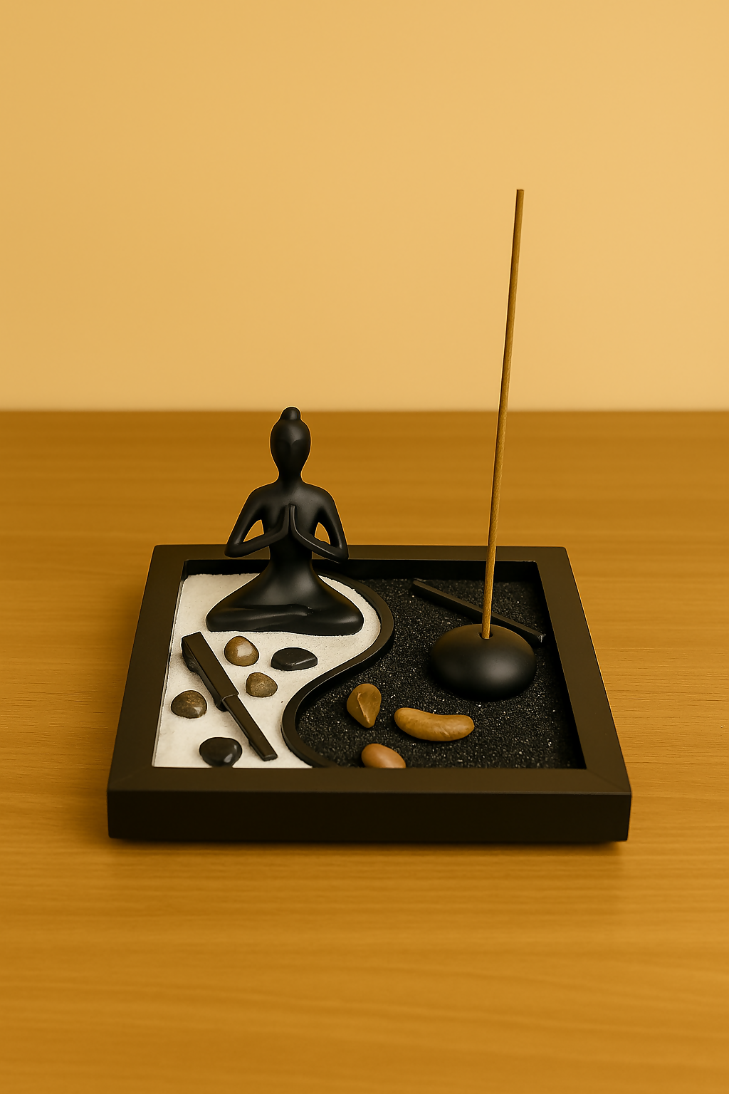 Minimalist Zen Garden Decor Set – Yin Yang Meditation Tray with Black Meditating Statue, Stones, Sand & Incense Stand – Relaxation Gift for Home & Office