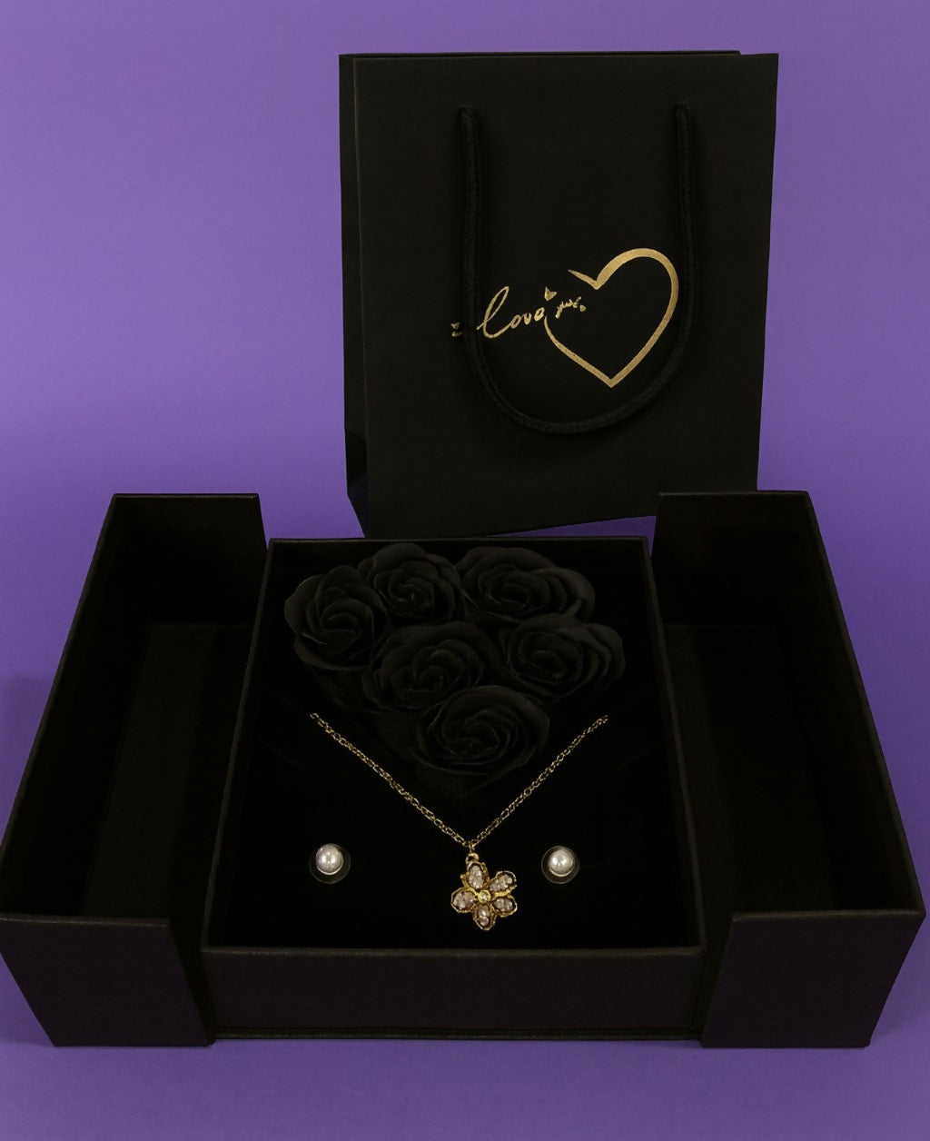 Luxury Black Jewelry Gift Box with Artificial Roses, Necklace & Earrings | Elegant Romantic Gift Set for Wife, Girlfriend, Mom | Perfect for Anniversary, Valentine’s Day, Wedding & Birthday Surprises