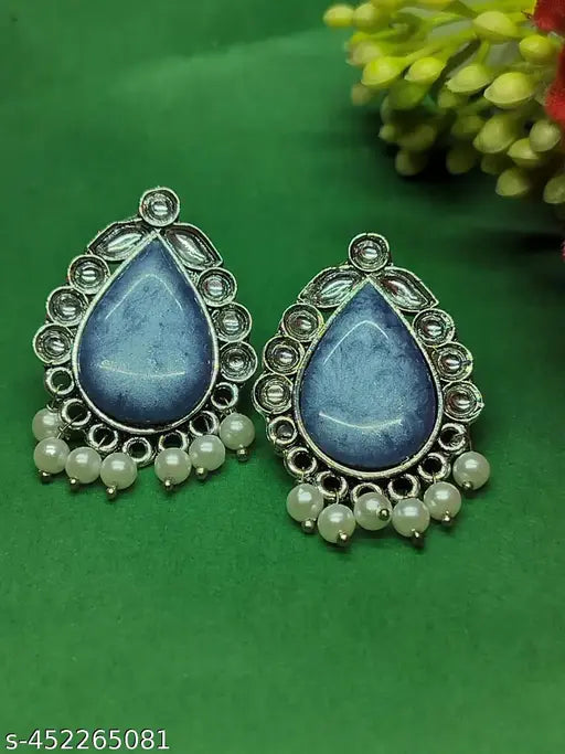 Oxidised Blue Colored Oval Shaped Earrings With Pearl Hangings