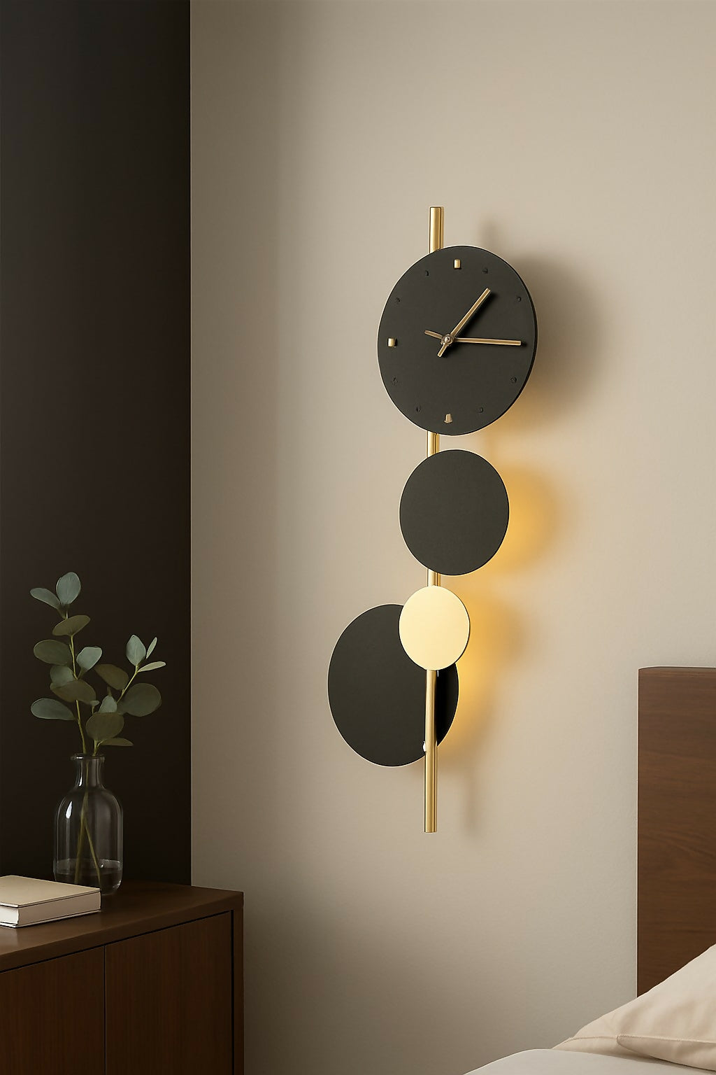 HOME DECOR Luxury Modern Geometric Wall Clock with Black and Gold Minimalist Circles – Vertical Designer Wall Clock for Bedroom, Living Room, Office & Hallway – Silent Non-Ticking Quartz Movement