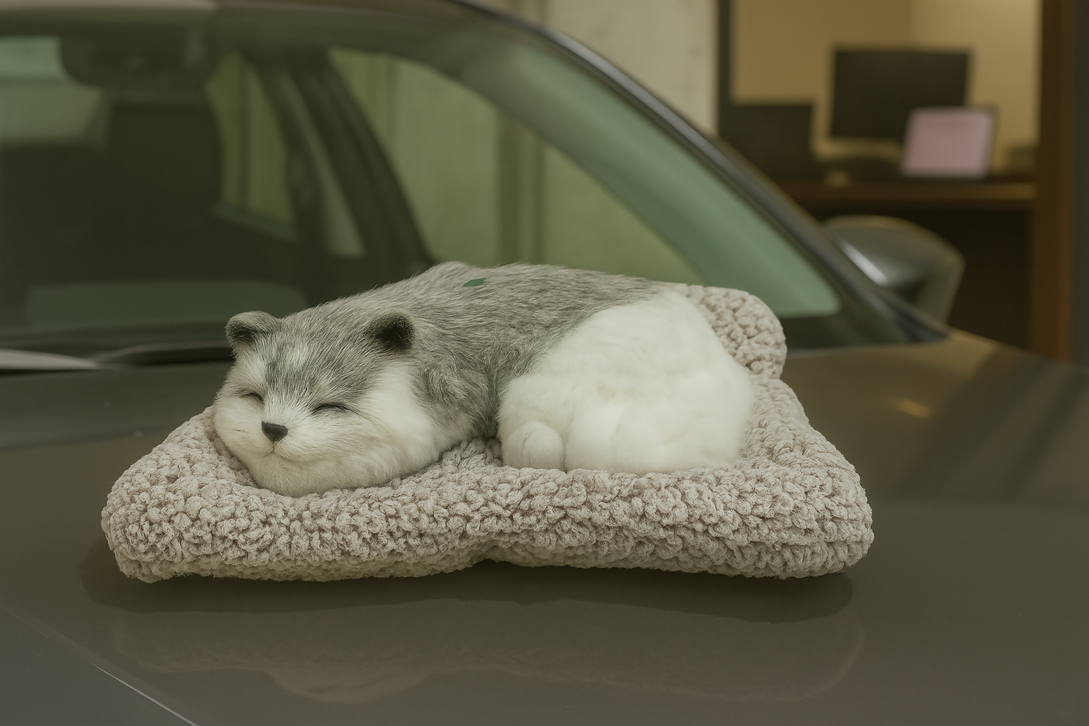 Realistic Sleeping Grey & White Plush Dog Toy with Soft Bed – Faux Breathing Puppy for Car Dashboard & Home Decoration – Cute Pet Lover Gift for Kids & Adults