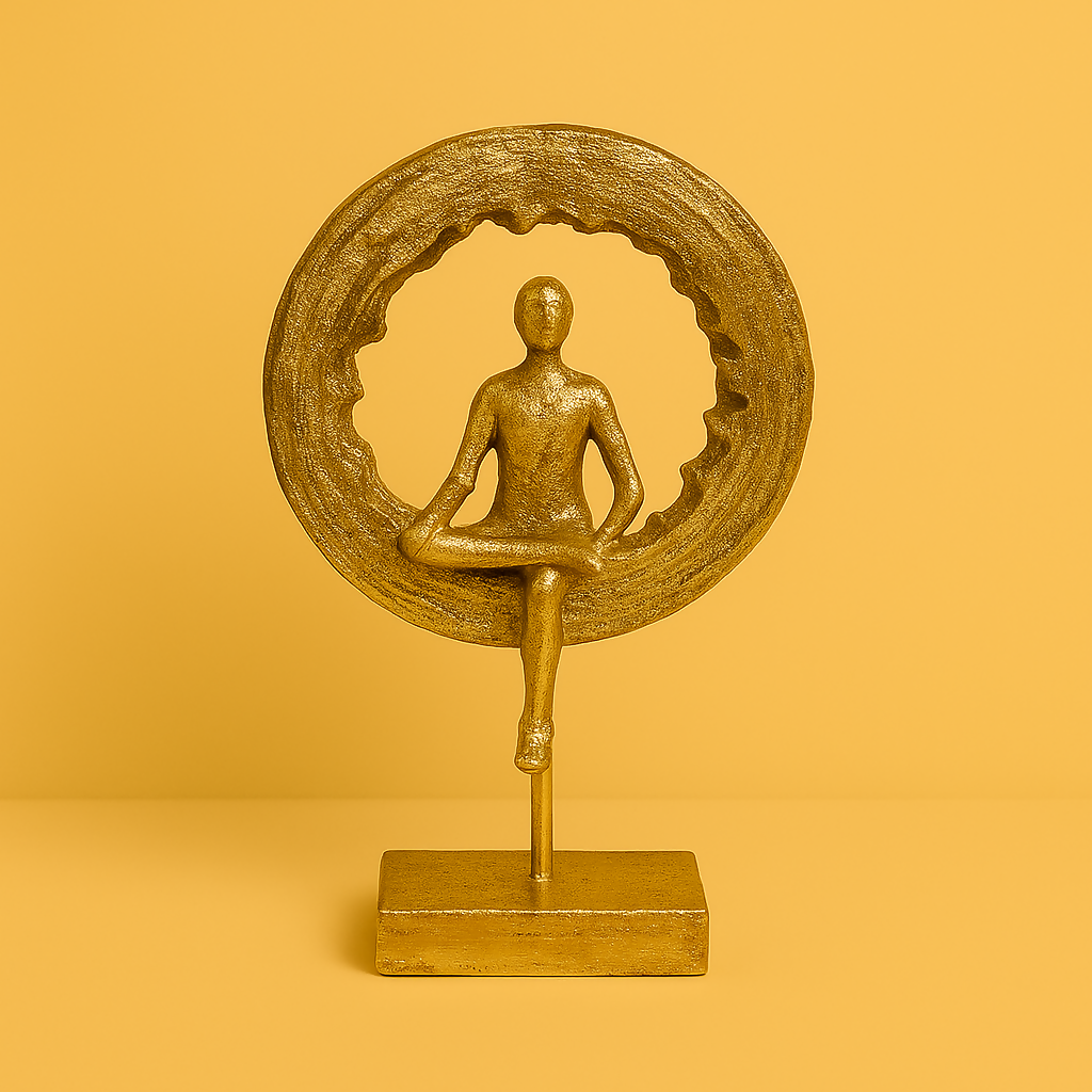 HOME DECOR Modern Golden Resin Yoga Figurine Showpiece for Home Decor | Abstract Sitting Human Meditation Sculpture for Bedroom, Living Room, Office, or Table Decoration – Zen-Inspired Art Piece in Round Frame