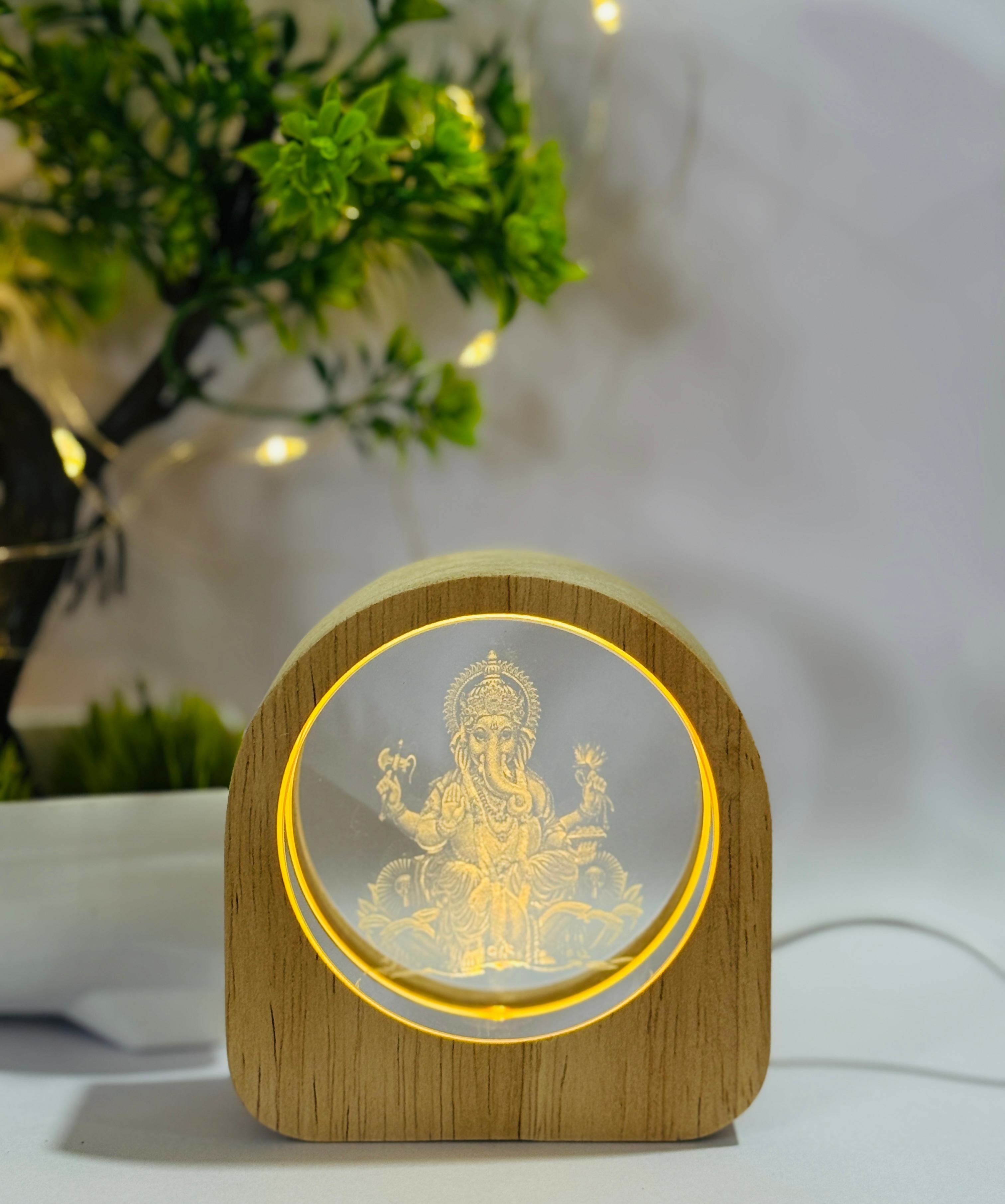 Lord Ganesha Sitting Idol 3D Laser Engraved LED Night Lamp in Crystal Glass with Wooden Frame – USB Powered Table Light with Warm Yellow Glow | Spiritual Pooja Room Decor & Gift for Home and Festivals