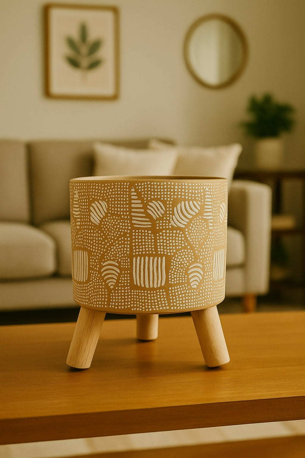 Handcrafted Ceramic Planter Pot with Wooden Legs – Abstract White Dot Pattern Terracotta Finish Indoor Pot for Succulents & Plants – Boho Decorative Raised Pot for Living Room, Bedroom, or Office Decor