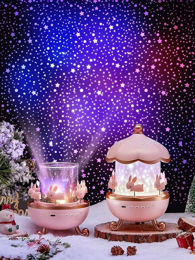 Rotating Christmas Night Light Projector with Music & Light Buttons – Rechargeable LED Santa & Deer Carousel Lamp with Type-C Charging, Power Indicator, and 360° Rotation – Festive Gift for Kids & Home Decor