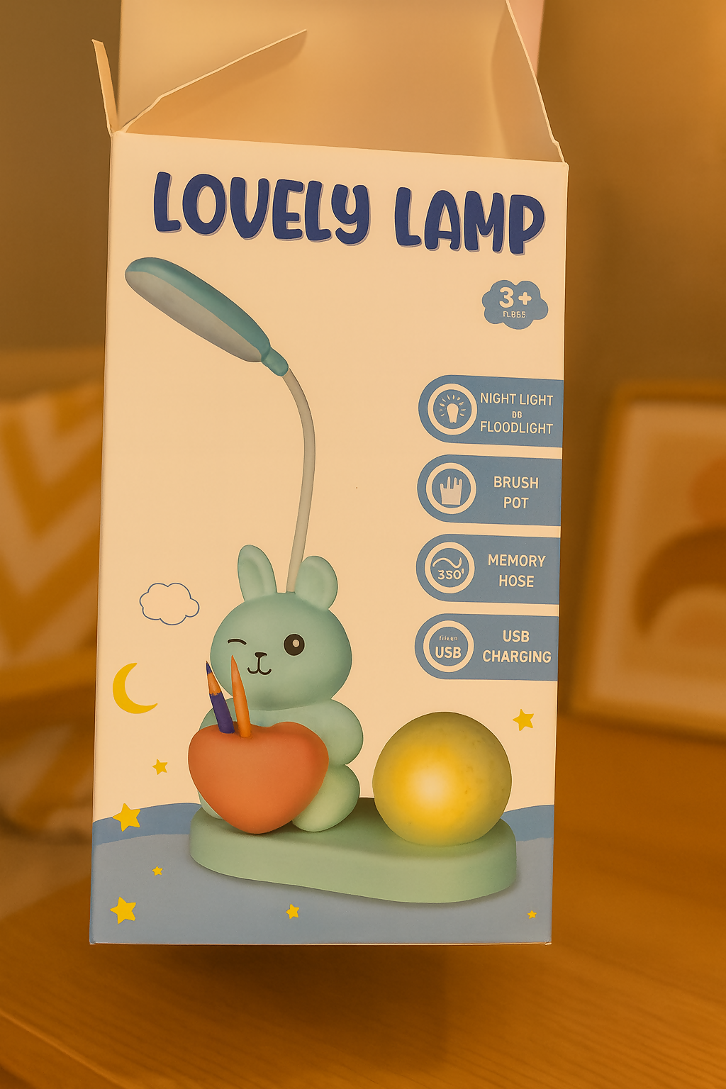 Lovely Lamp – Cute Bunny Night Light & Desk Lamp with Heart Brush Pot and Moon Light – USB Rechargeable, 360° Flexible Hose, Eye-Caring LED for Kids Bedroom, Study Table & Home Décor