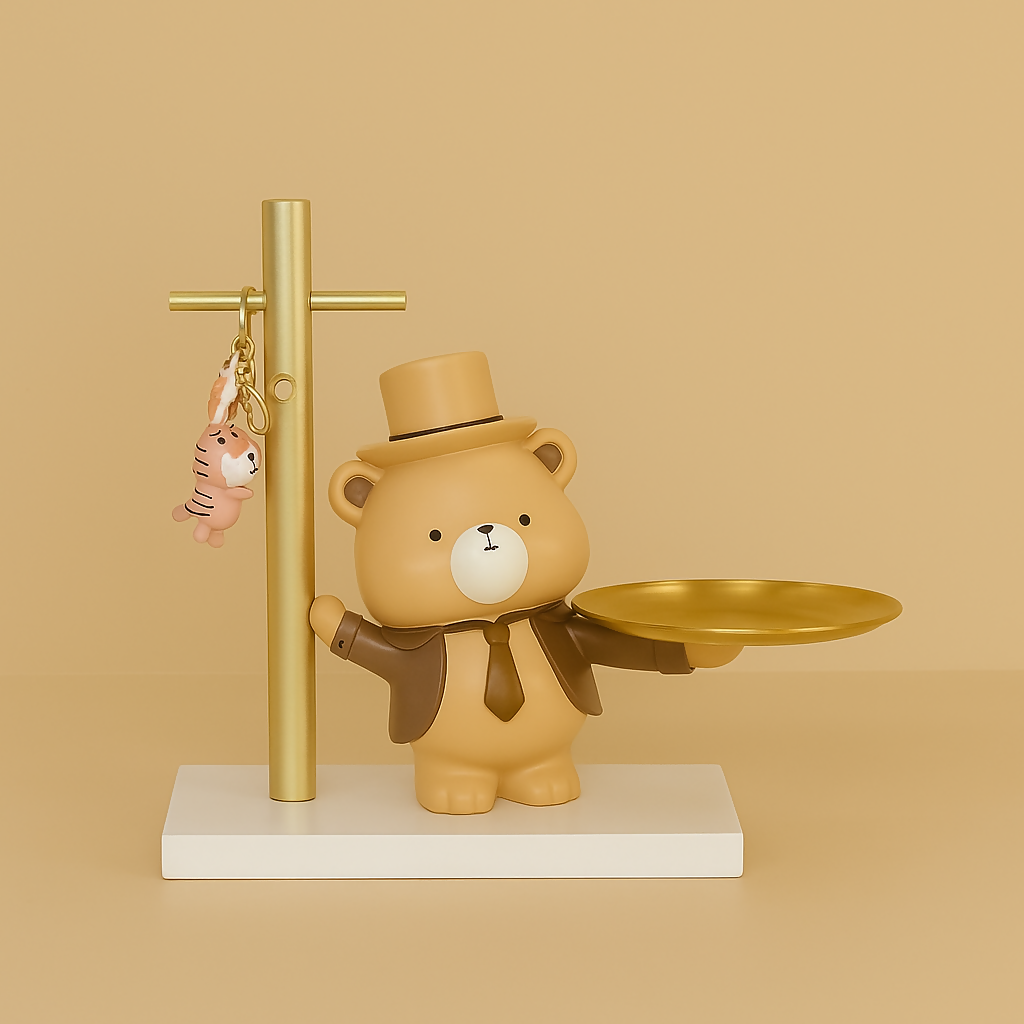 HOME DECOR Adorable Bear Butler Key Holder & Trinket Tray with Hanging Hooks – Cute Resin Organizer Stand for Desk, Entryway & Kids Room