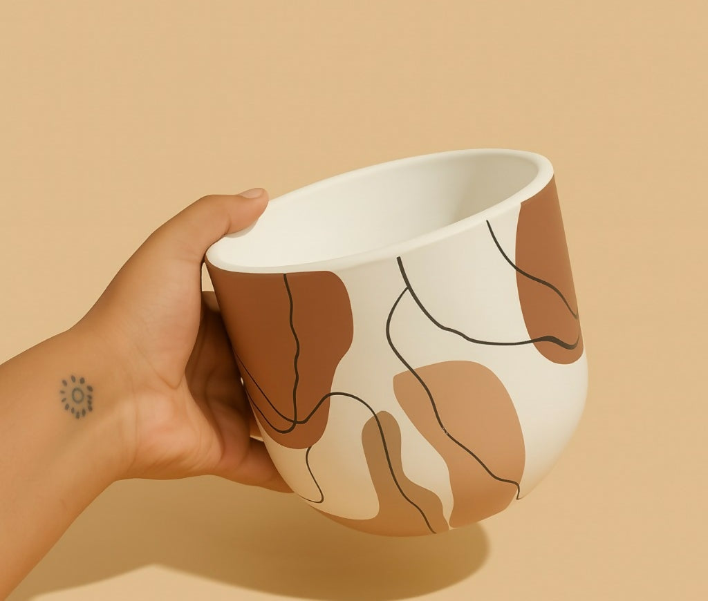Modern Abstract Ceramic Planter Pot with Earth-Tone Artistic Design – Decorative Indoor Plant Pot for Home, Office, or Living Room – 6-Inch Minimalist Matte Finish Pot