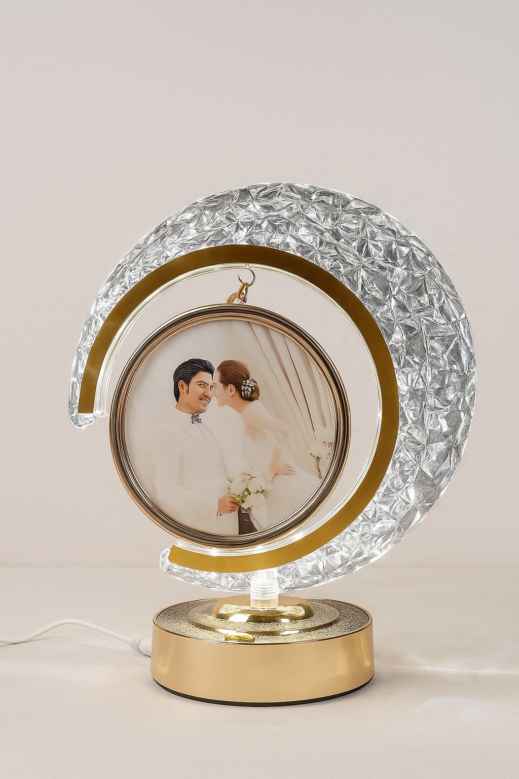 Luxury Crescent Moon LED Photo Frame Lamp with Crystal Textured Design and Rotating Hanging Picture Slot – Personalized Night Light Table Decor for Bedroom, Anniversary, Wedding, or Romantic Gift for Couples