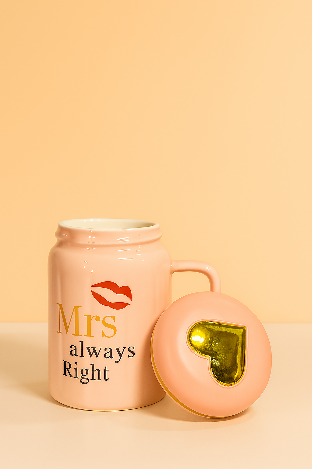 Mrs Always Right Ceramic Mug with Lid – Pink Glossy Coffee Mug with Golden Accent and Red Lips Print – 350ml Stylish Gift Mug for Wife, Girlfriend, or Her