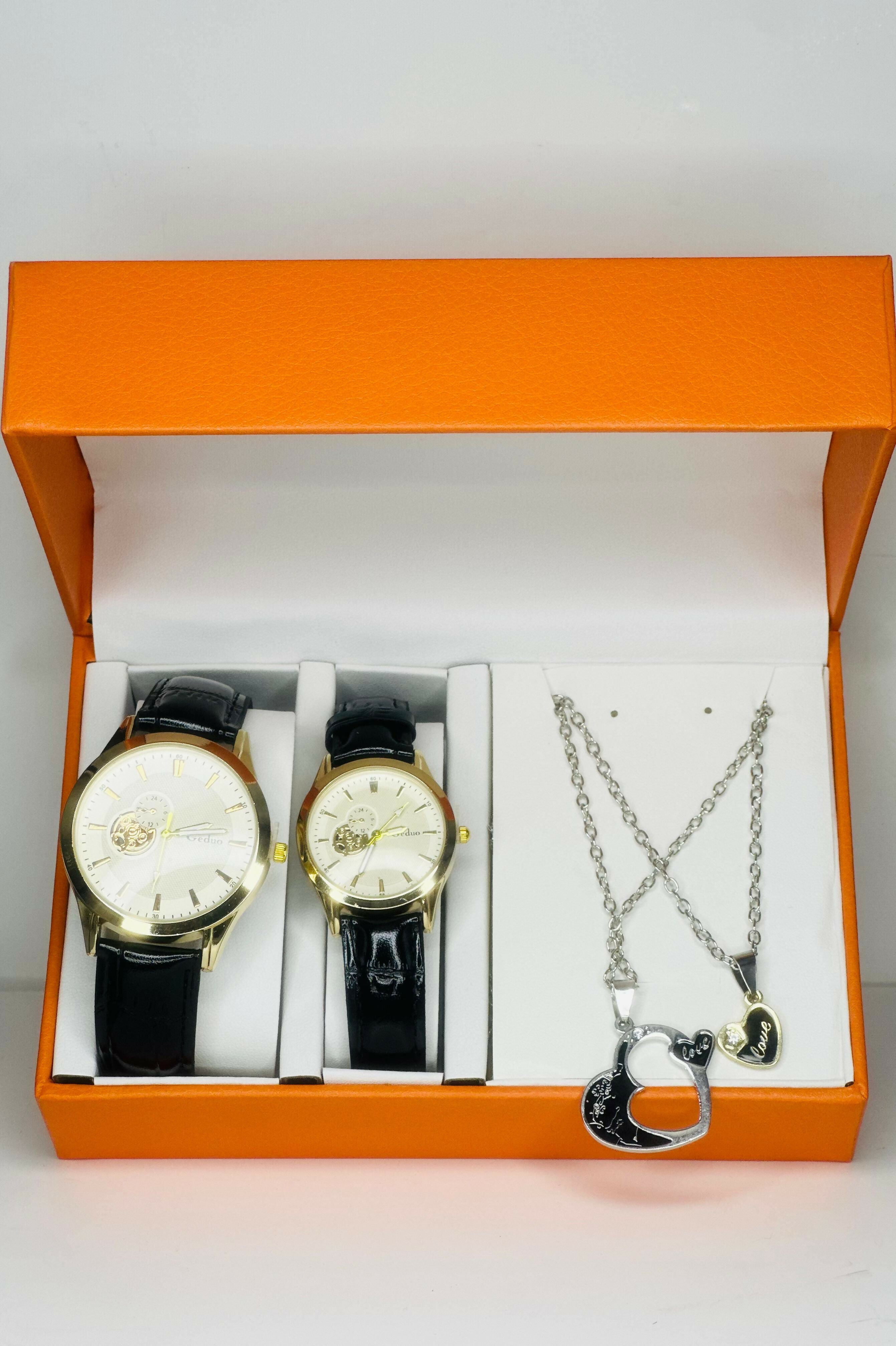 Luxury Couple Watch and Pendant Gift Set – Matching His and Hers Classic Gold Dial Analog Watches with Black Leather Strap and Silver 'Love' Heart Necklaces – Romantic Anniversary or Valentine's Gift in Premium Orange Box